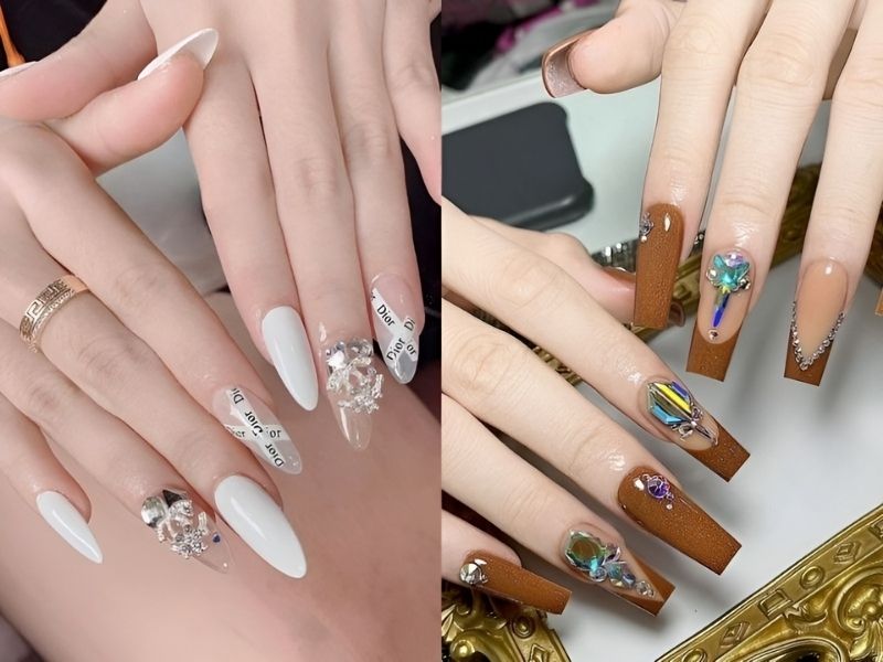 mẫu nail trắng trong suốt đính đá