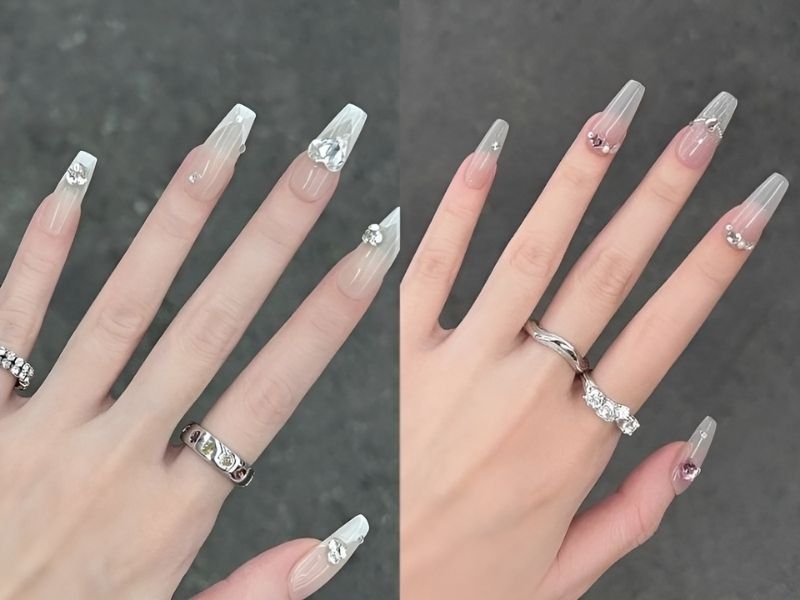 mẫu nail trong suốt đính charm