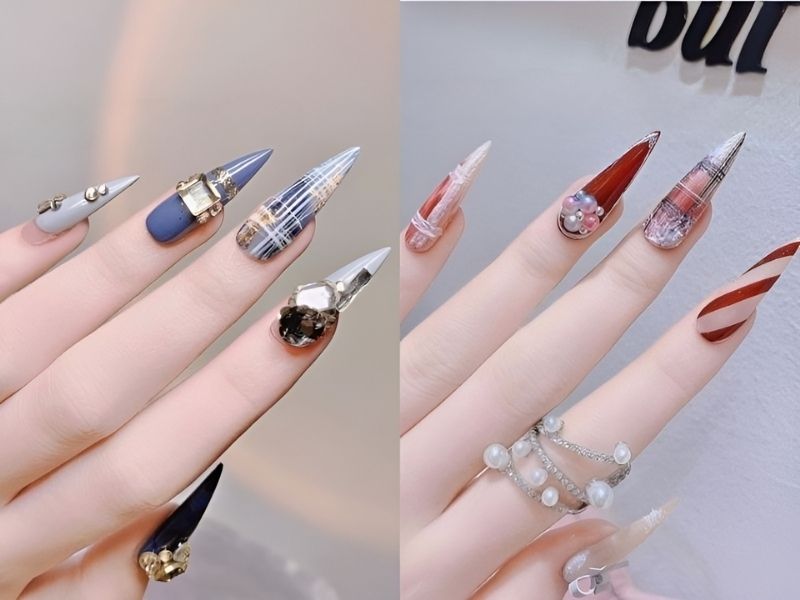 mẫu nail đỏ đính đá