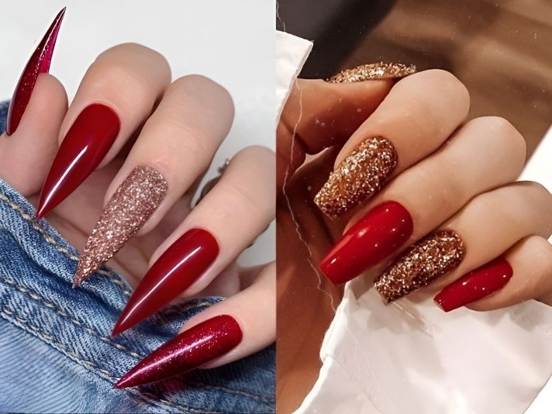 mẫu nail đỏ sậm kim tuyến