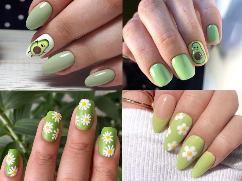 Mẫu nail màu xanh bơ họa tiết