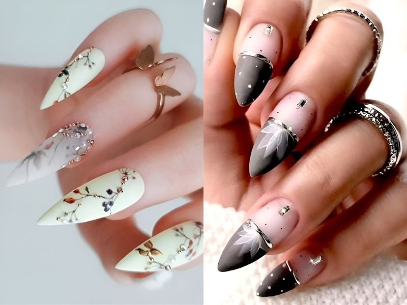 Mẫu nail đính đá kết hợp vẽ họa tiết hoa nhẹ nhàng