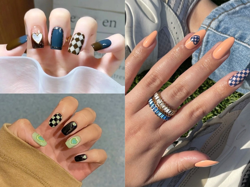 Mẫu nail caro họa tiết trái tim