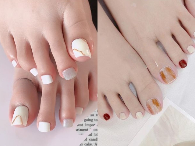 mẫu nail chân Hàn Quốc màu trắng, nâu