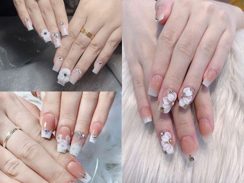 Mẫu móng tay vuông dài hoa trắng (Nguồn: Mix Nail - Pinterest)