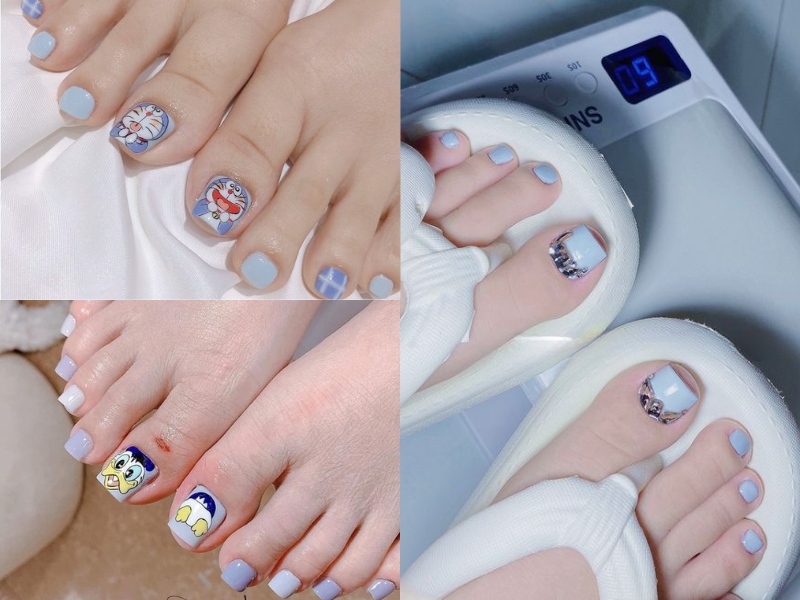 nail chân xanh dương pastel vẽ hình và đính đá