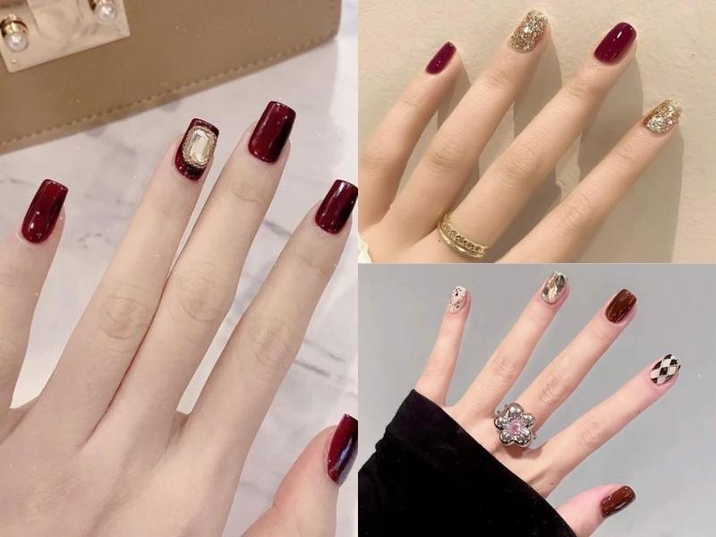 Nail tết đỏ đính đá và kim tuyến