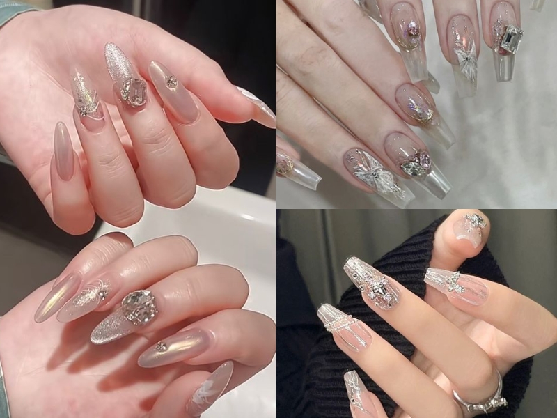 mẫu nail tráng gương đính đá