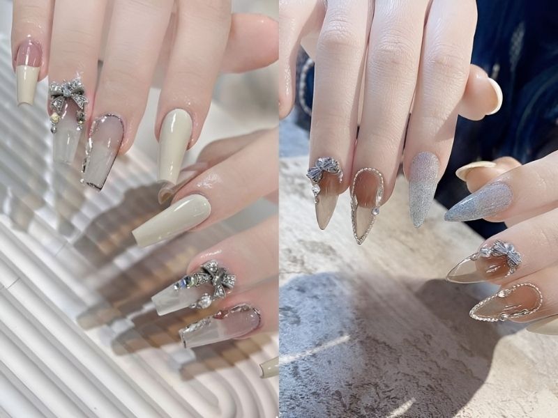 mẫu nail trong suốt đính đá