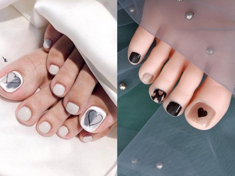 nail chân họa tiết trái tim sơn màu trầm