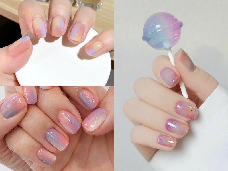 mẫu nail ombre tím với vàng và hồng