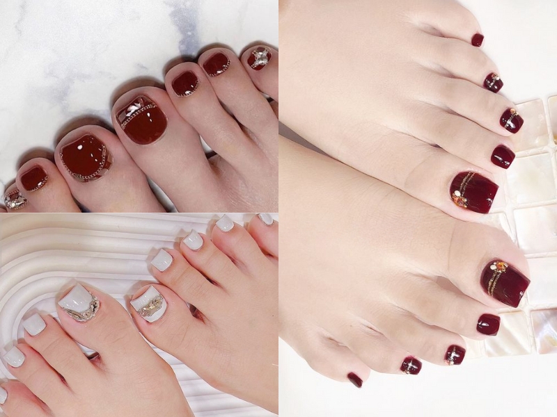 mẫu nail đính đá màu trắng, đỏ