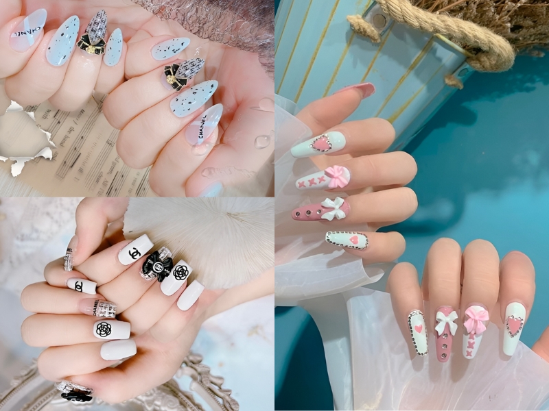 Nail đính nơ kết hợp hoạ tiết. (Nguồn: Hý Nail - Pinterest)