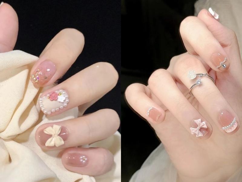 nail hàn quốc đính hạt ngọc và nơ