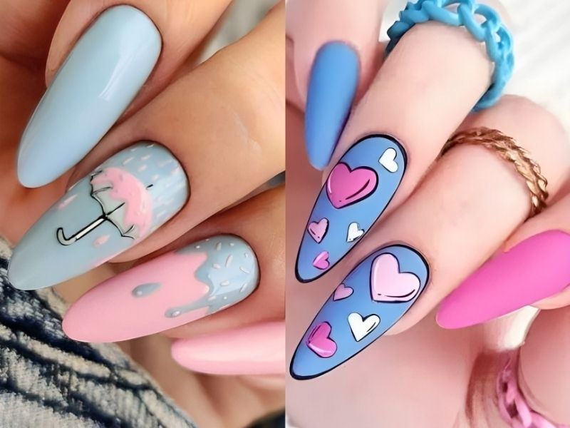 Mẫu nail màu xanh dương nhạt pastel, Mẫu nail màu xanh dương nhạt kết hợp hoạ tiết trái màu hồng