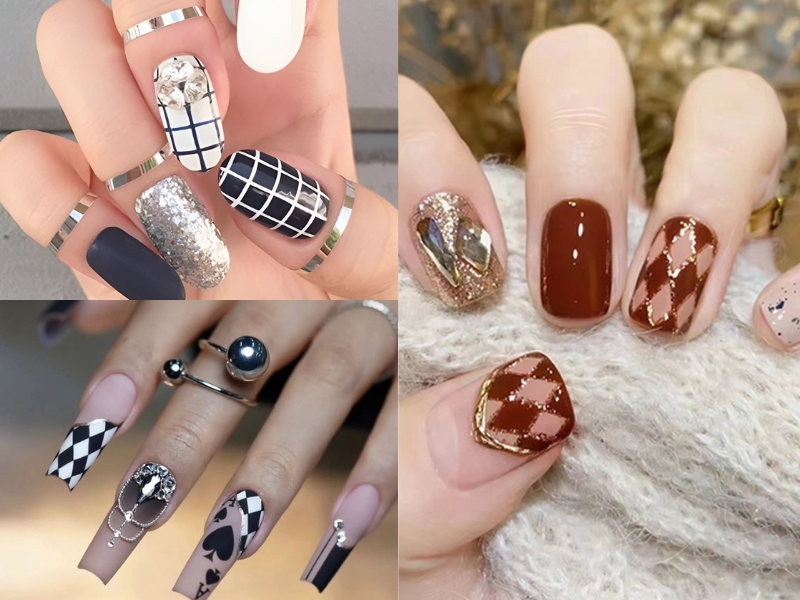 Mẫu nail caro đính đá