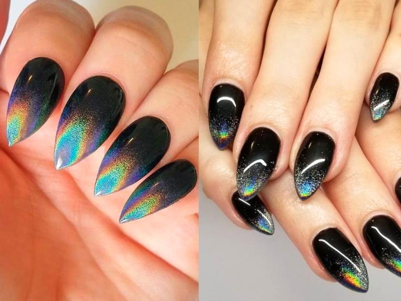 Nail màu đen cầu vồng ánh nhũ