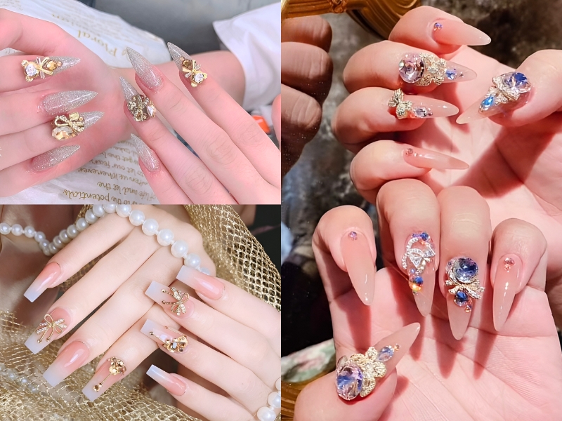 Nail đính nơ đá rực rỡ bắt mắt. (Nguồn: Hải Yến - Pinterest)