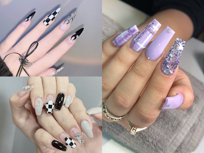 Mẫu nail caro có nhũ móng dài