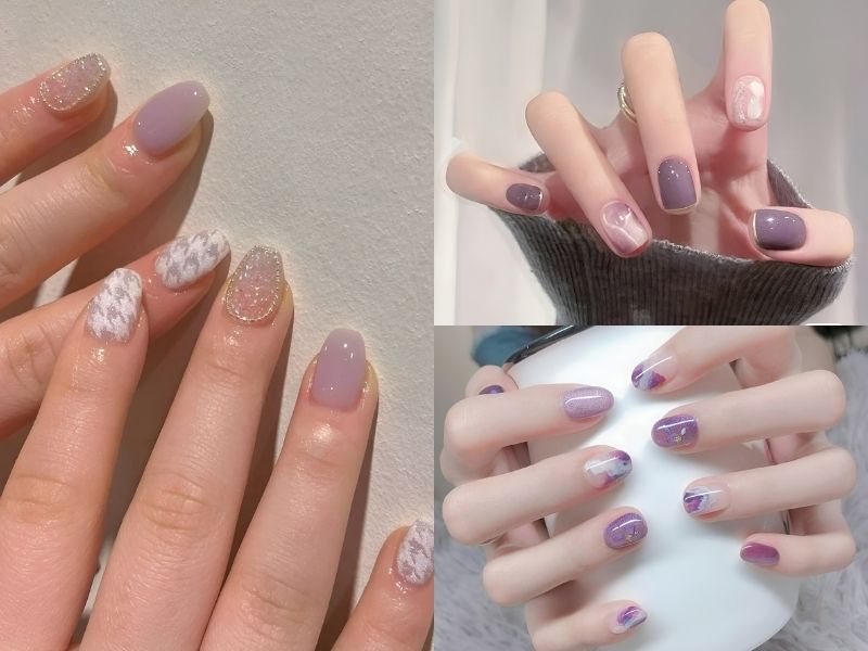 Nail màu tím nhạt có vẽ hoạ tiết vân đá