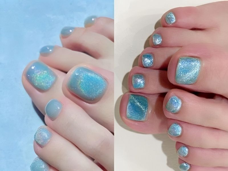 những Mẫu nail chân xanh ngọc mắt mèo