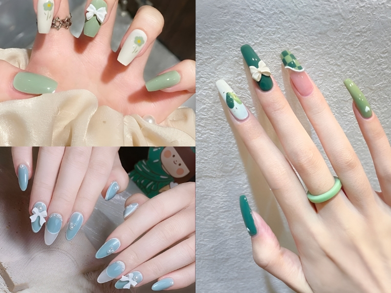 Nail đính nơ xanh hiện đại và bắt mắt. (Nguồn: velvet - Pinterest)