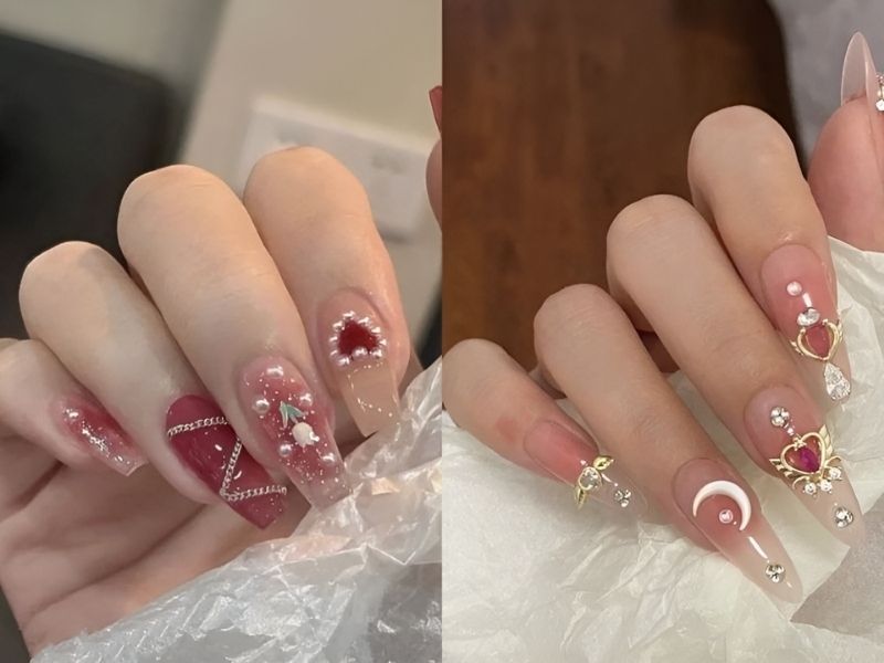 Nail gắn đá xinh xắn có xỏ khuyên