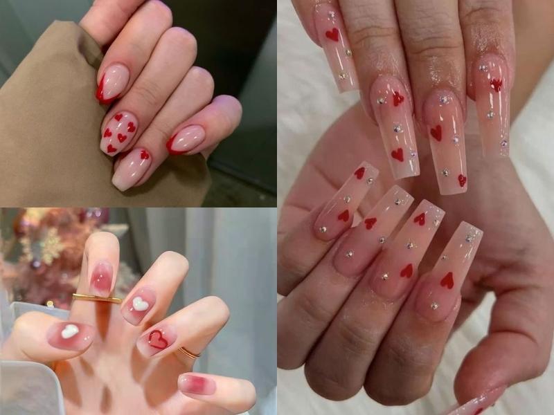 Nail trái tim tone đỏ hồng nude