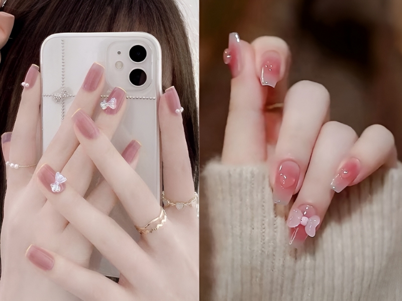 Mẫu nail sơn thạch đơn giản màu hồng gắn nơ