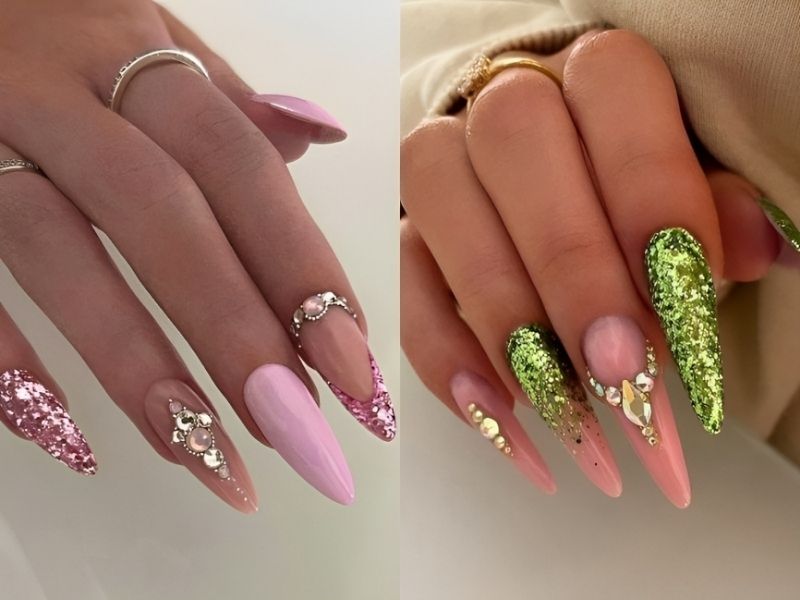 Mẫu nail kim tuyến đính đá 