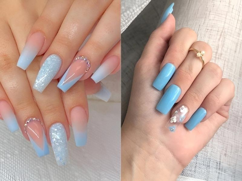 Mẫu nail xanh pastel đính charm và phủ kim tuyến