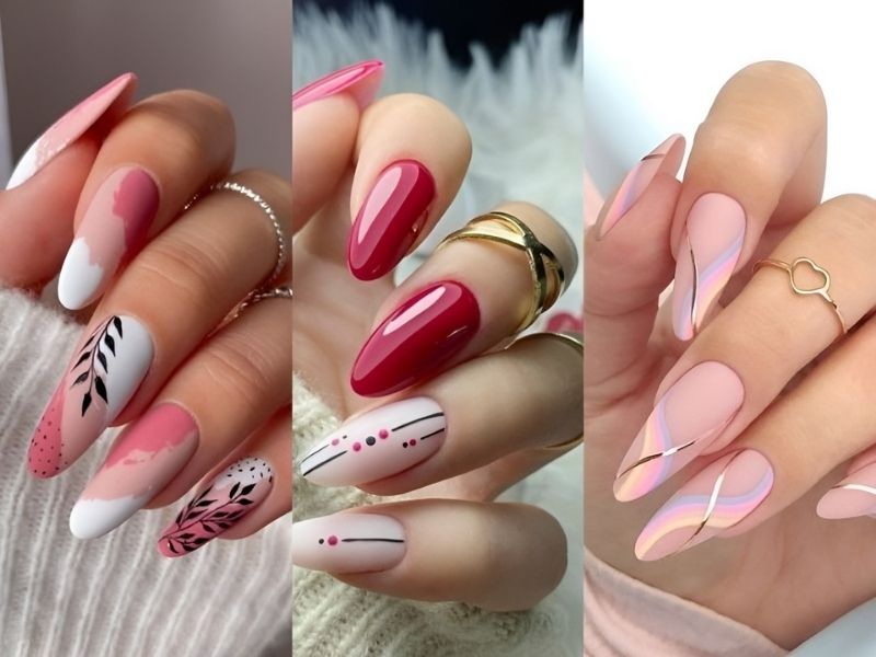 mẫu nail hồng vẽ hoa lá