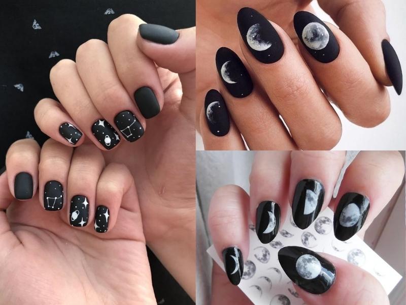 Nail màu đen mặt trăng và sao 