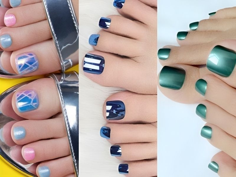 Những mẫu nail chân màu xanh ngọc mắt mèo 