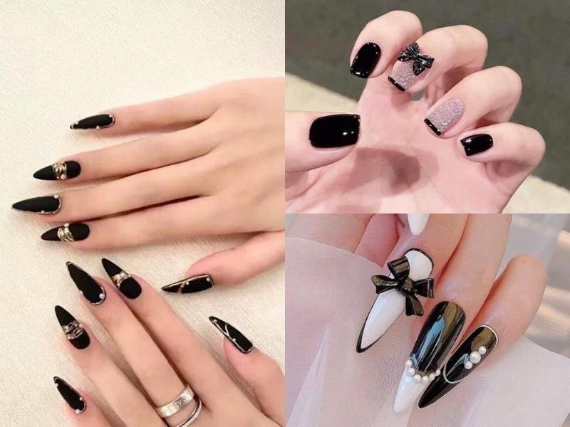 Nail đen đính nơ, đính đá và kim tuyến