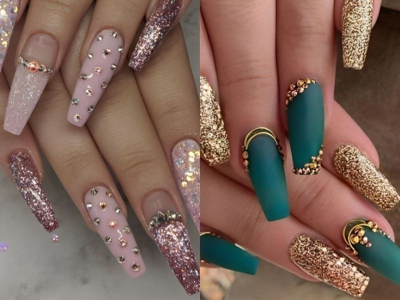 Những mẫu nail kim tuyến kết hợp đính đá 