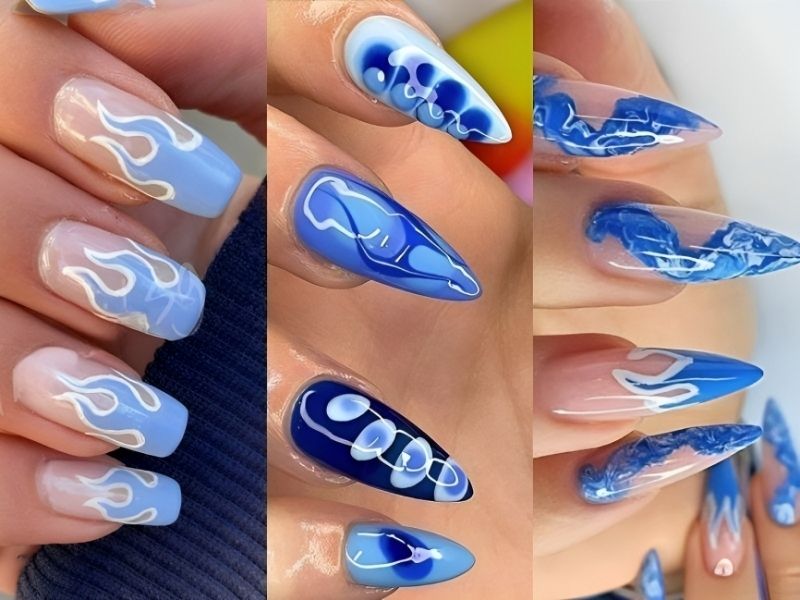 Mẫu nail xanh dương nhạt vẽ họa tiết