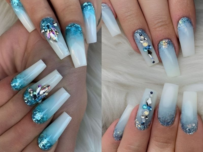 Mẫu nail kim tuyến loang màu ombre tone xanh biển