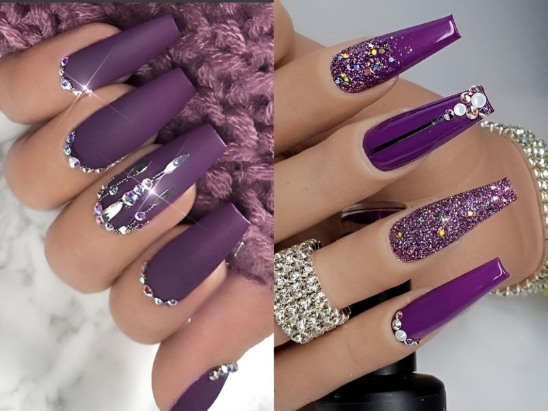 Mẫu nail đính đá, kim tuyến tông màu tím