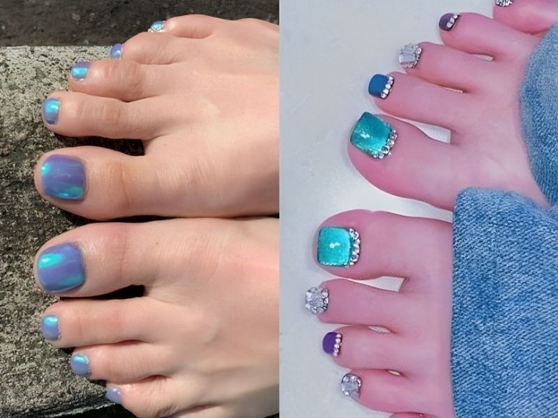 Những mẫu nail chân màu xanh ngọc đính đá 