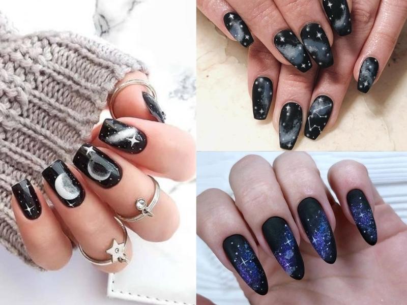 Nail màu đen họa tiết trăng sao