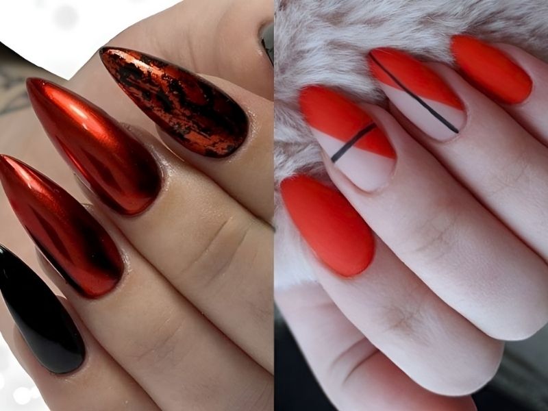 mẫu nail màu đỏ đất tráng gương, mẫu nail màu đỏ đất kẻ sọc đen