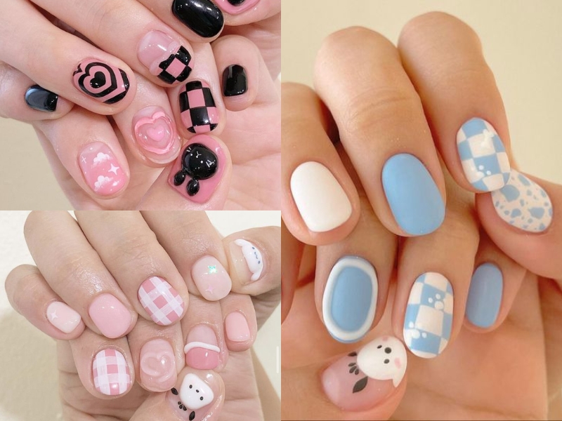 Mẫu nail caro họa tiết hoạt hình