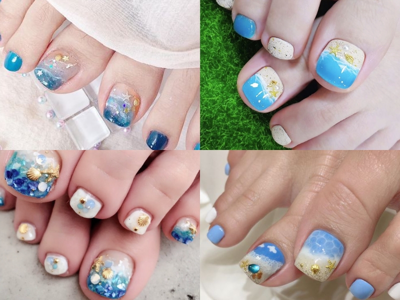 mẫu nail xanh dương biển kim tuyến