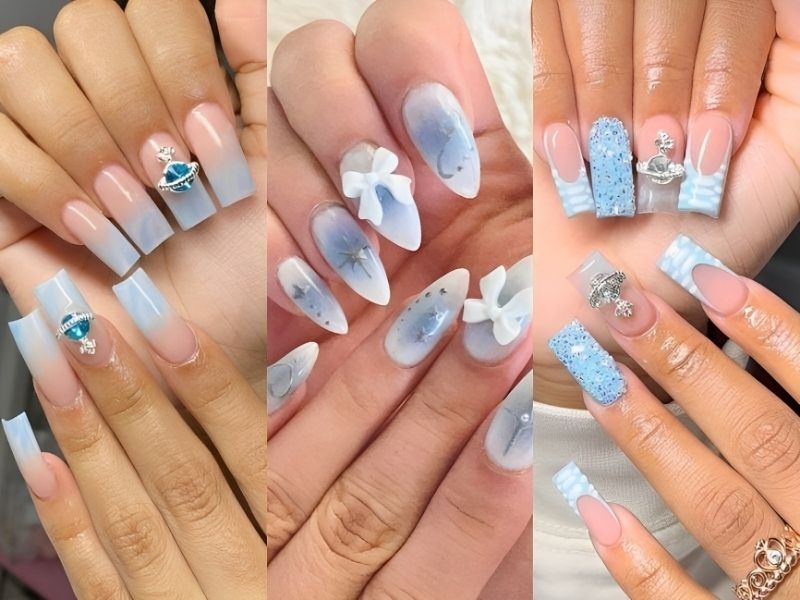 Mẫu nail màu xanh dương nhạt mix charm 