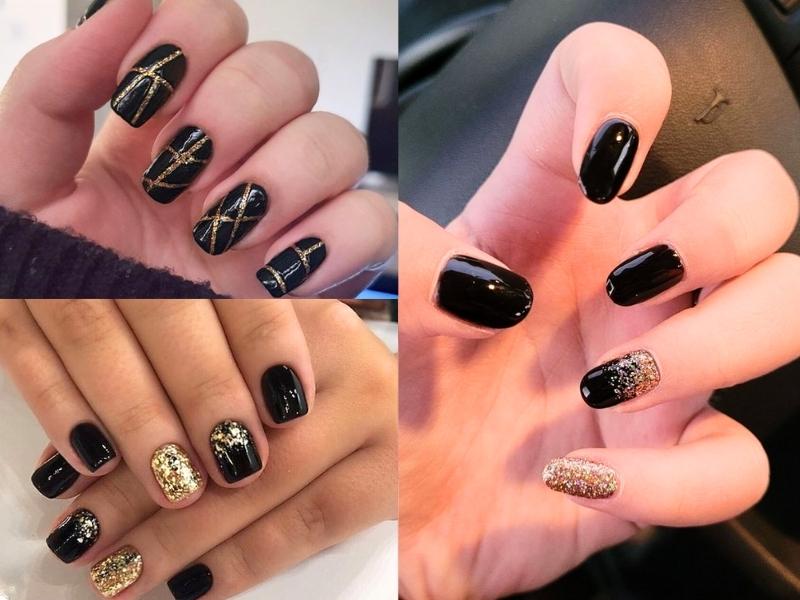 Nail màu đen kim tuyến vàng