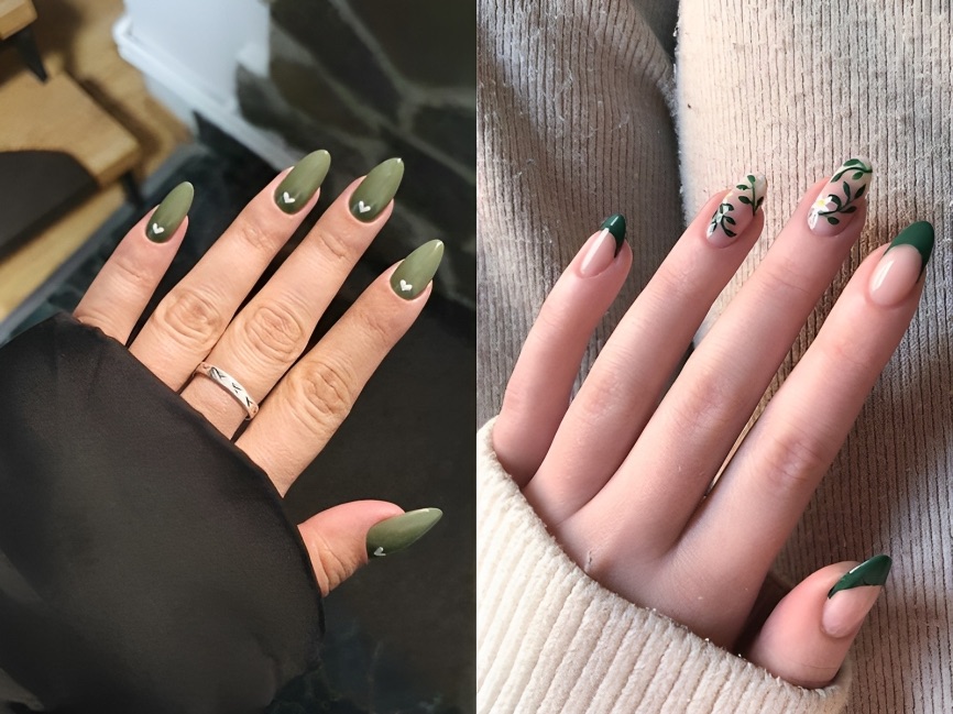 Mẫu nail xanh lá phối hoạ tiết 