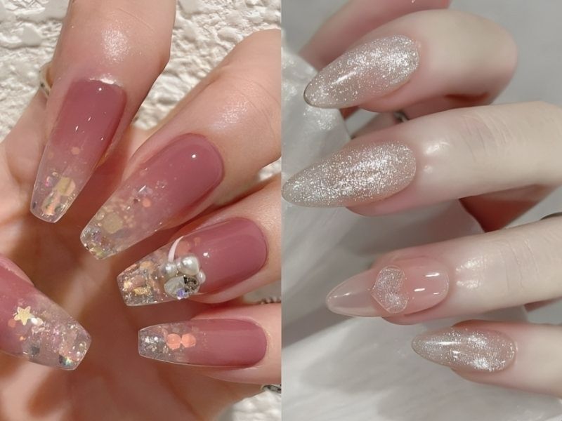 Mẫu nail trong suốt kim tuyến 