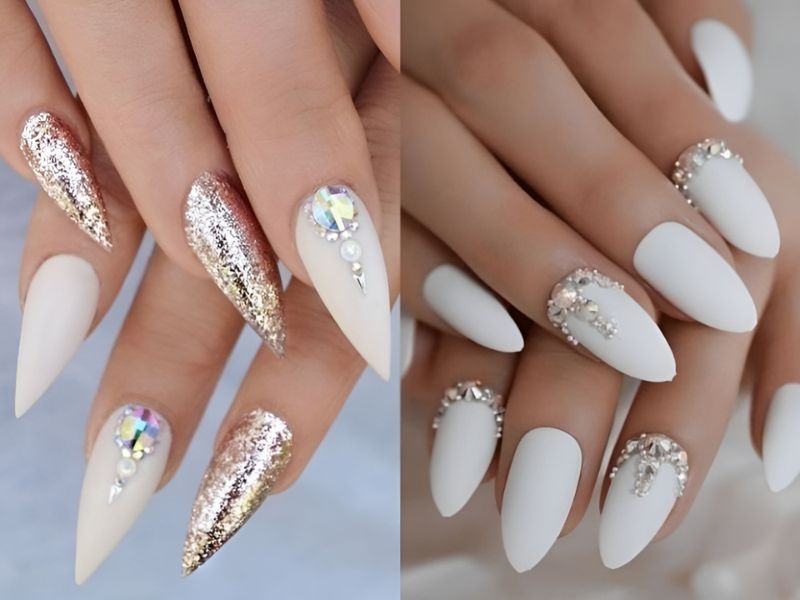 Mẫu nail gắn đá màu trắng lấp lánh