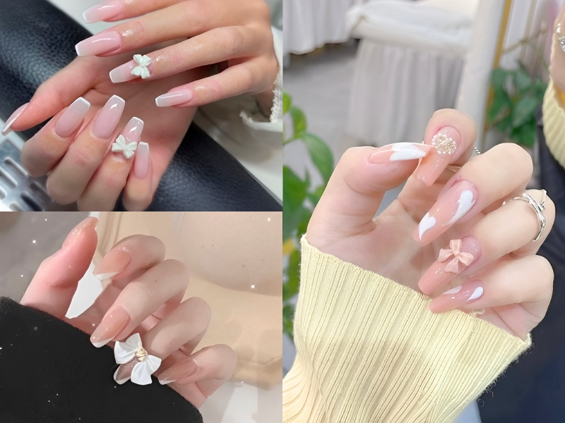 Nail đính nơ tươi sáng ngọt ngào. (Nguồn: Hý Nail - Pinterest)